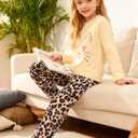 Funnycokid Girls Fleece Pajamas Set Kids Soft Flannel Pjs Pullover Top Pants Loungewear Beige Cheetah, 9-10 Years