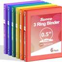 SUNEE 1/2 Inch Binders 3 Ring 6 Pack, 3 Ring Binders Half Inch Clear View PVC-Free (Fit 8.5x11 Inches) for School Binder or Office Binder Supplies, Classic 6 Colors