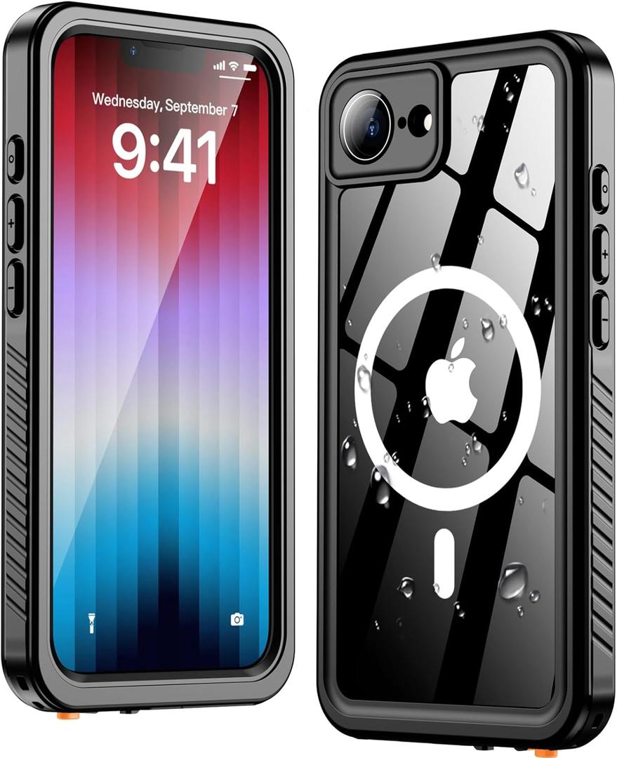 Oterkin Waterproof Case for iPhone 17e / 16e Case Compatible with MagSafe Accessories, Full Body Shockproof Rugged Phone Case with Built-in HD Screen & Lens Protector 12FT Military Grade (MS-Black)