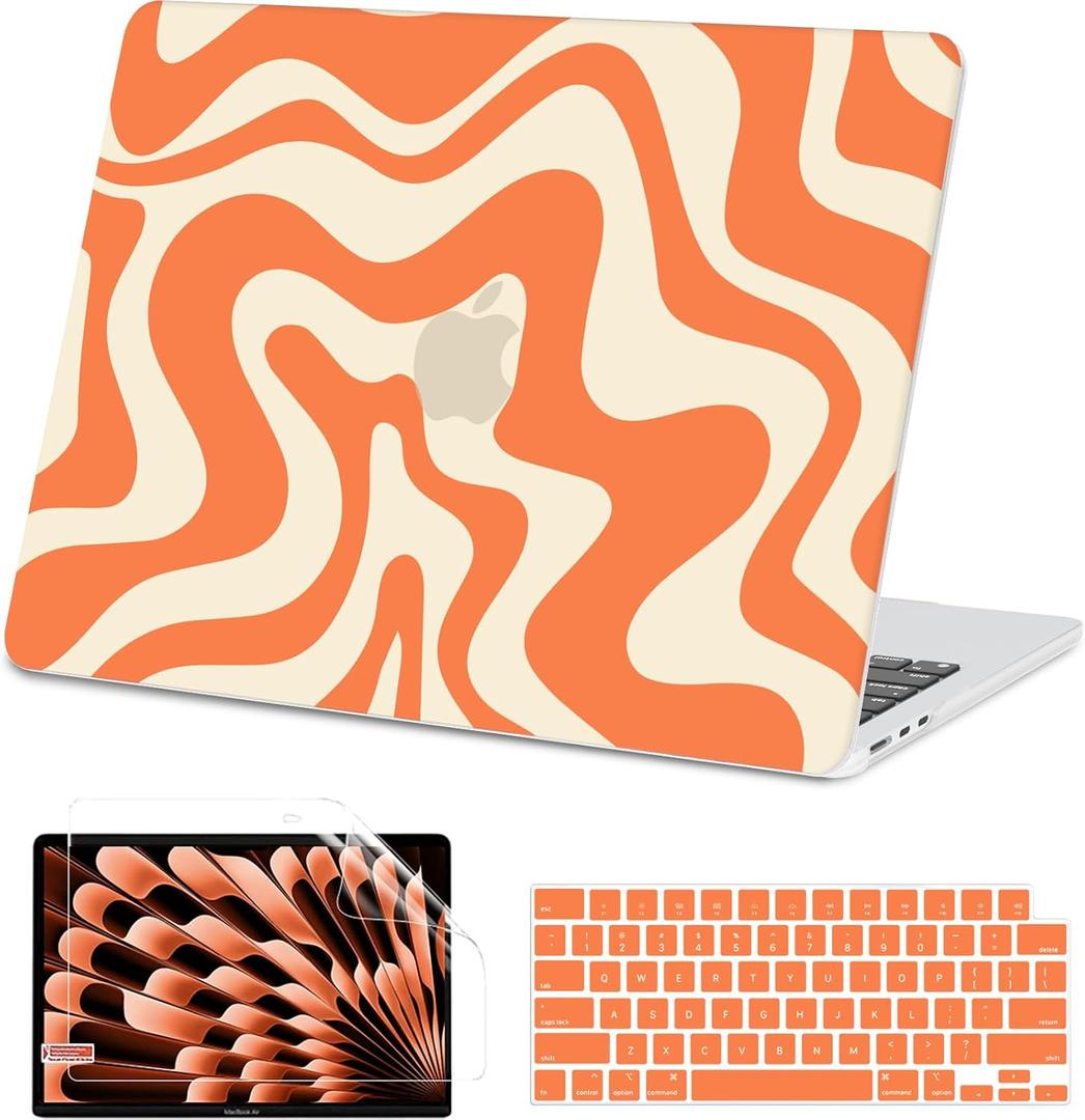 AKIT Compatible with MacBook Air 15 Inch Case 2026 2025-2023 M5 M4 M3 M2 A3448 A3241 A3114 A2941, Unique Pattern Hard Shell Laptop Case+Keyboard Cover+Screen Protector for Mac Air 15 Inch, Orange Wave