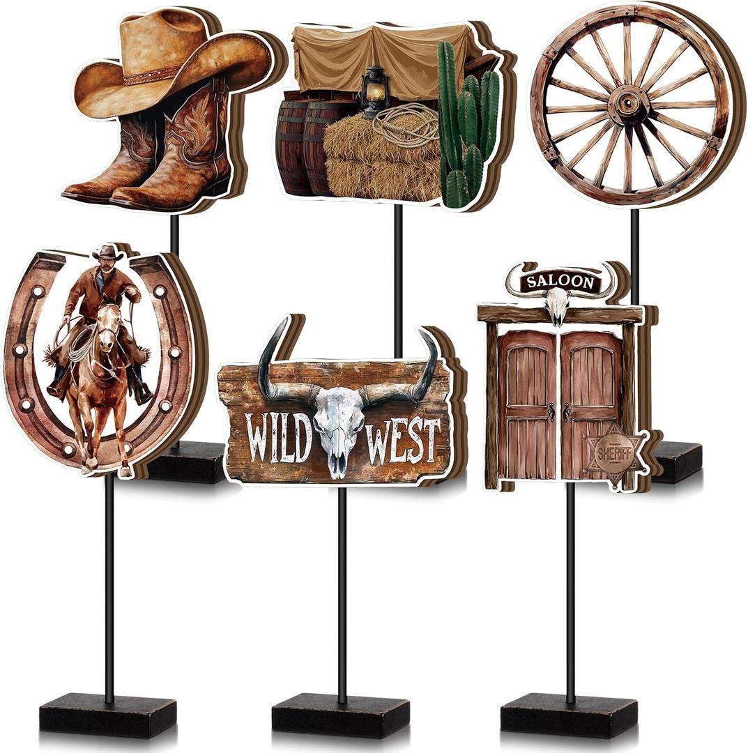 Amyhill 6 Pcs Western Party Decorations Christmas Cowboy Party Theme Wooden Standing Table Centerpiece Western Country 3D Wild Christmas West Cowboy Tabletop Decor