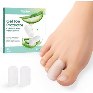 Welnove Gel Toe Cap and Protector - Silicone Toe Covers - Toe Cushions for Pain Relief, Missing or Ingrown Toenails, Corns, Calluses, Blisters - Infused Aloe Vera Extract (8 Medium, Clear)