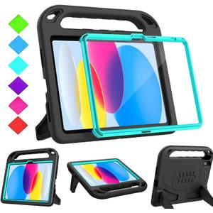 BMOUO Kids Case for iPad 11th Generation (A16) 11 Inch 2025/iPad 10th Generation 10.9" 2022 - with Screen Protector, Shockproof Handle Stand iPad 11th/10th Generation Case for Kids, Black Turquoise