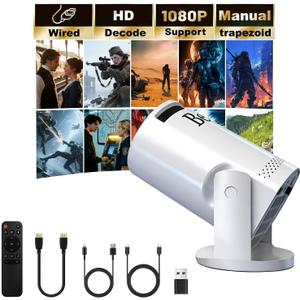 Mini projector, with wired screen sync 4K 1080P portable projector 180 rotation. 17-130" screen video projector. Compatible with smartphones, laptops.