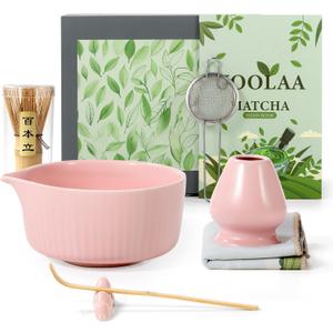Pink Traditional Matcha Whisk Set, 7 Pcs Japanese Matcha Kit with Chawan Ceramic Bowl with Spout, Chasen Bamboo Whisk and Holder, Scoop, Sifter - Matcha Set Kit Gift for Ceremony Matcha Lattes Lover