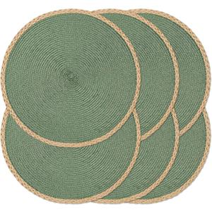 Noctiflorous Round Braided Placemats Set of 6 Table Mats 15 Inches Washable Heat Resistant for Dining Table Non-Slip Indoor Outdoor Place Mats for Thanksgiving Christmas Easter(Green Thin Edge 6)