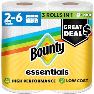 Bounty Essentials Select-A-Size Paper Towels, White, 2 Triple Rolls = 6 Regular Rolls 