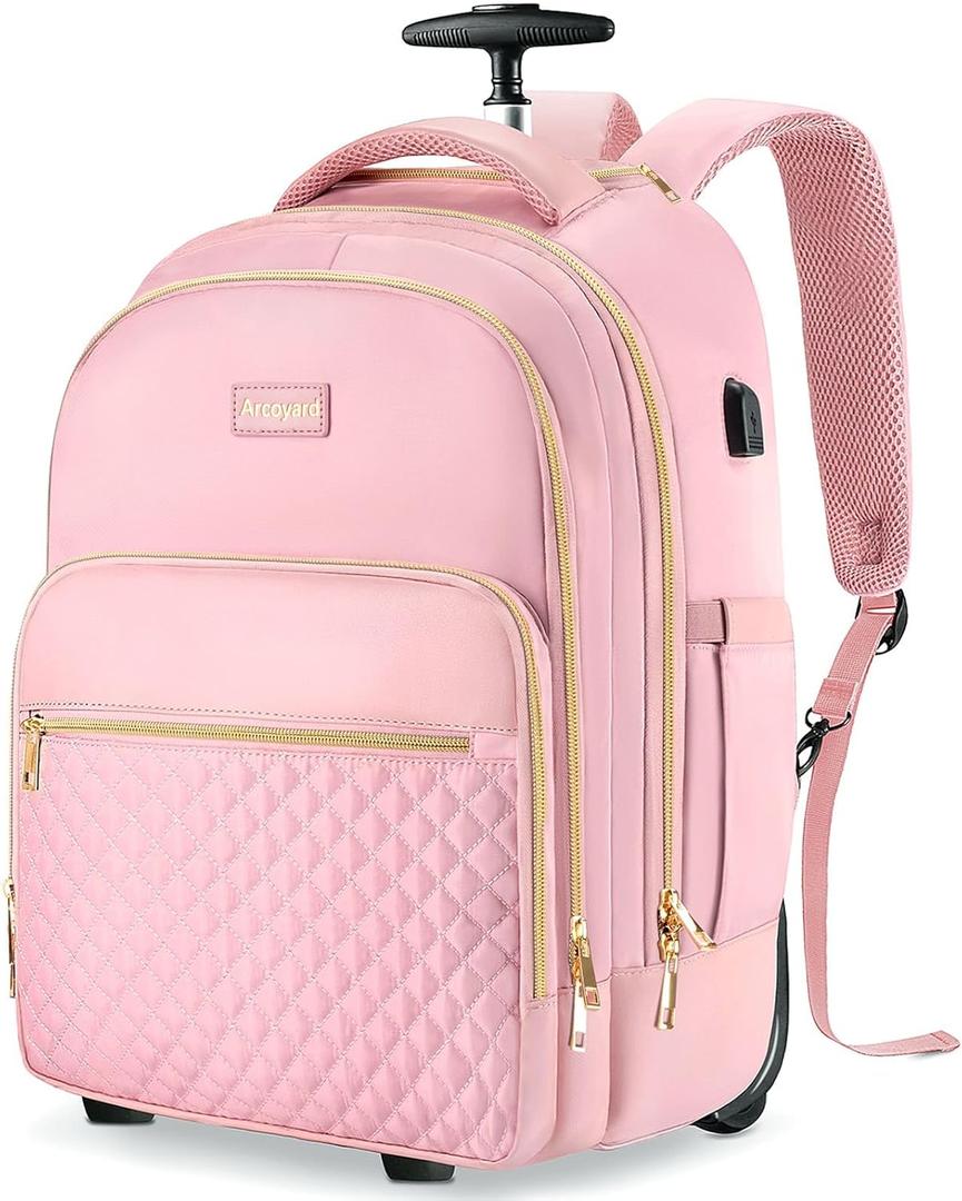 Arcoyard Rolling Backpack, Carry On Luggage Adults With Wheels, 17 Inch Wheeled Backpack For Women, Travel Roller Backpack, Rolling Bag, Pink Gold