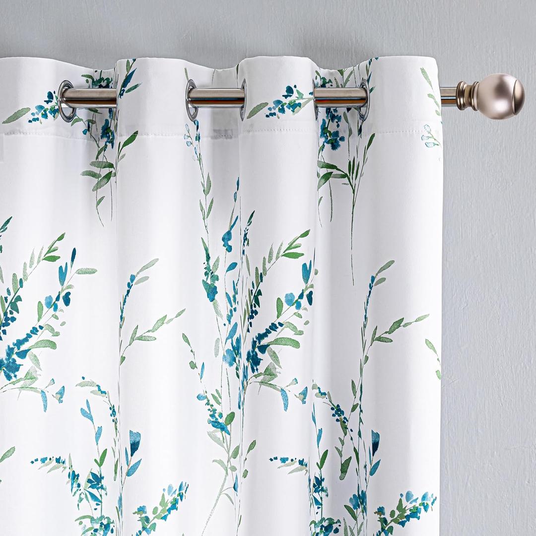 MYSKY HOME Floral Curtains 63 Inch Length 2 Panels for Bedroom Living Room Thermal Insulated Light Filtering Soft Curtains for Home Decor Grommet Leaf Flower Printed Window Treatments, Sage