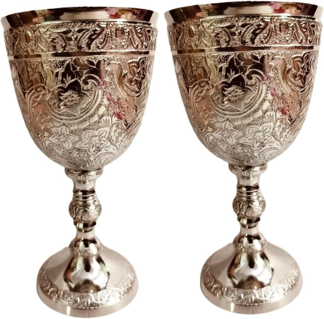Bona fide 2 pieces brass goblet embossed design,Premium Goblet Champagne Flutes Coupes  drinking Glass,tumbler cups for water juice milk beer ice tea set of 2 pieces brass chalice cup 7 oz each