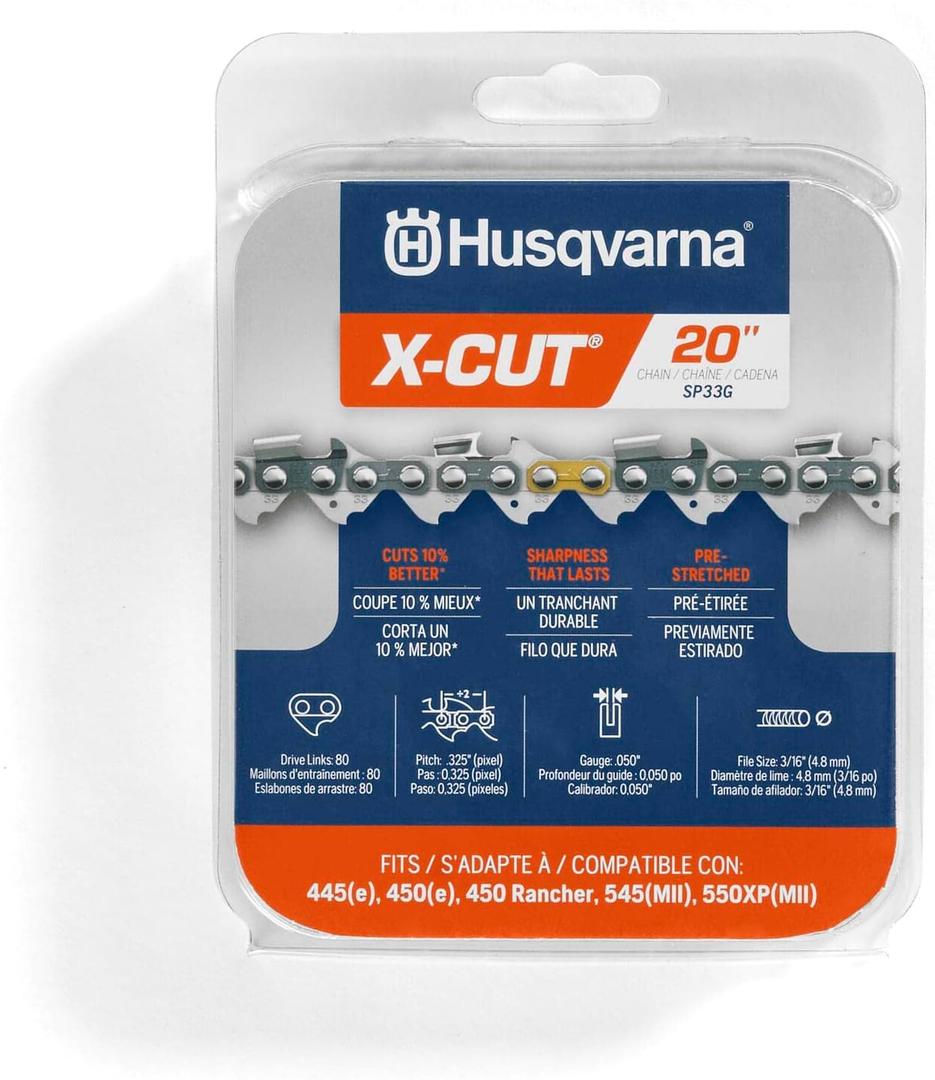 Husqvarna X-Cut SP33G 20 Inch Chainsaw Chain, 325" Pitch, 050" Gauge, 80 Drive Links, Highly Durable, Pre-Stretched Chainsaw Blade Replacement with Superior Lubrication and Low Kickback, Gray