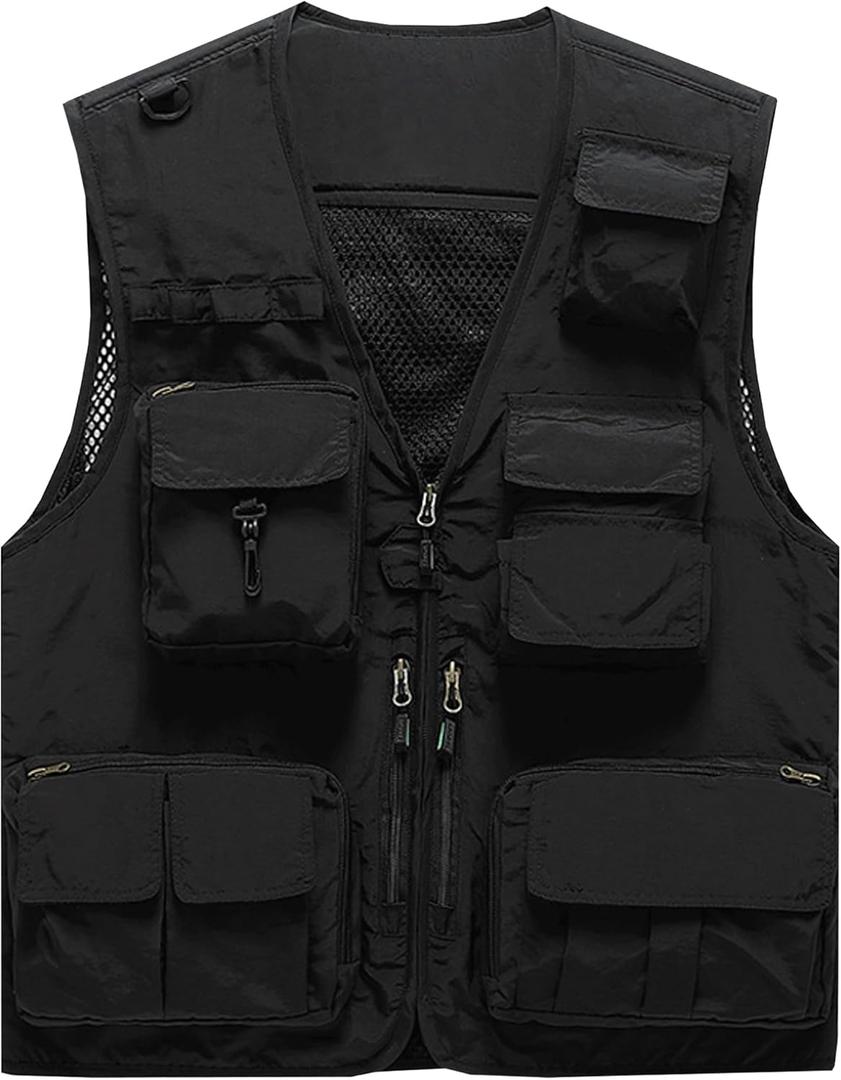 Flygo Men's Casual Lightweight Outdoor Fishing Work Safari Travel Photo Cargo Vest Jacket Multi Pockets (Medium, Black)