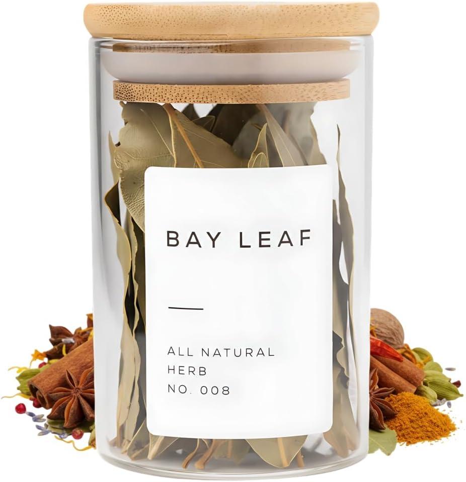 Empty Spice Jars with Label Pack (6x Bamboo Lid Glass Jar). Small 6oz Spice Storage Bottles with 112 Printed Stickers and 48 Writable Pantry Labels for Seasoning Containers