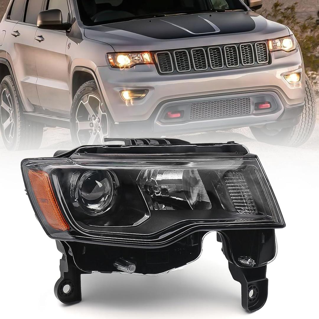 Huray Right Headlight Assembly for Jeep Grand Cherokee 2017-2021 [Only for Halogen Type] [Black Bezel] OE Headlamp Replacement Passenger Side