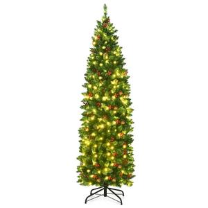 6.5Ft Pre-lit Hinged Pencil Christmas Tree w/Pine Cones Red Berries & 250 Lights