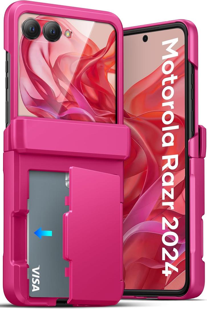 ATATOO for Motorola Razr 2024 Wallet Case with Card Holder (3 Cards) & Hinge Protection & HD Screen Protector, Military Grade Protection, Women Men Cute Phone Cover for Moto Razr 2024, Hot Pink