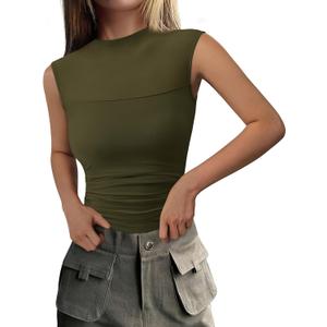 PRETTYGARDEN Women's Summer Sheer Mesh Tank Tops 2025 Trendy Casual Sleeveless Mock Neck Ruched Slim Fitted Going Out Shirts (X-Large, Army Green)