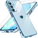 LeYi for Samsung A16-5G Case: with Tempered Glass Screen Protector [2 Pcs]+ Full Camera Lens Protection,Love Heart Plating Girly Luxury Soft TPU Shockproof Case for Galaxy A 16 5G,Sierra Blue