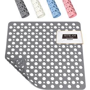 HITSLAM Shower Mat Anti Slip, 21x21 Inch No Odor Soft TPE Bathroom Shower Stall Floor Mat, Square Bath Mat for Tub Non Slip with Suction Cups and Drain Holes, Machine Washable, Soft on Feet, Grey