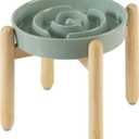 7.3inch Ceramic Raised Slow Feeder Dog Bowl Set, Elevated Wooden Stand for Medium and Small Dog, Puzzle Slow Dish, Preventing Choking(Light Green, Single Bowl+ Stand)