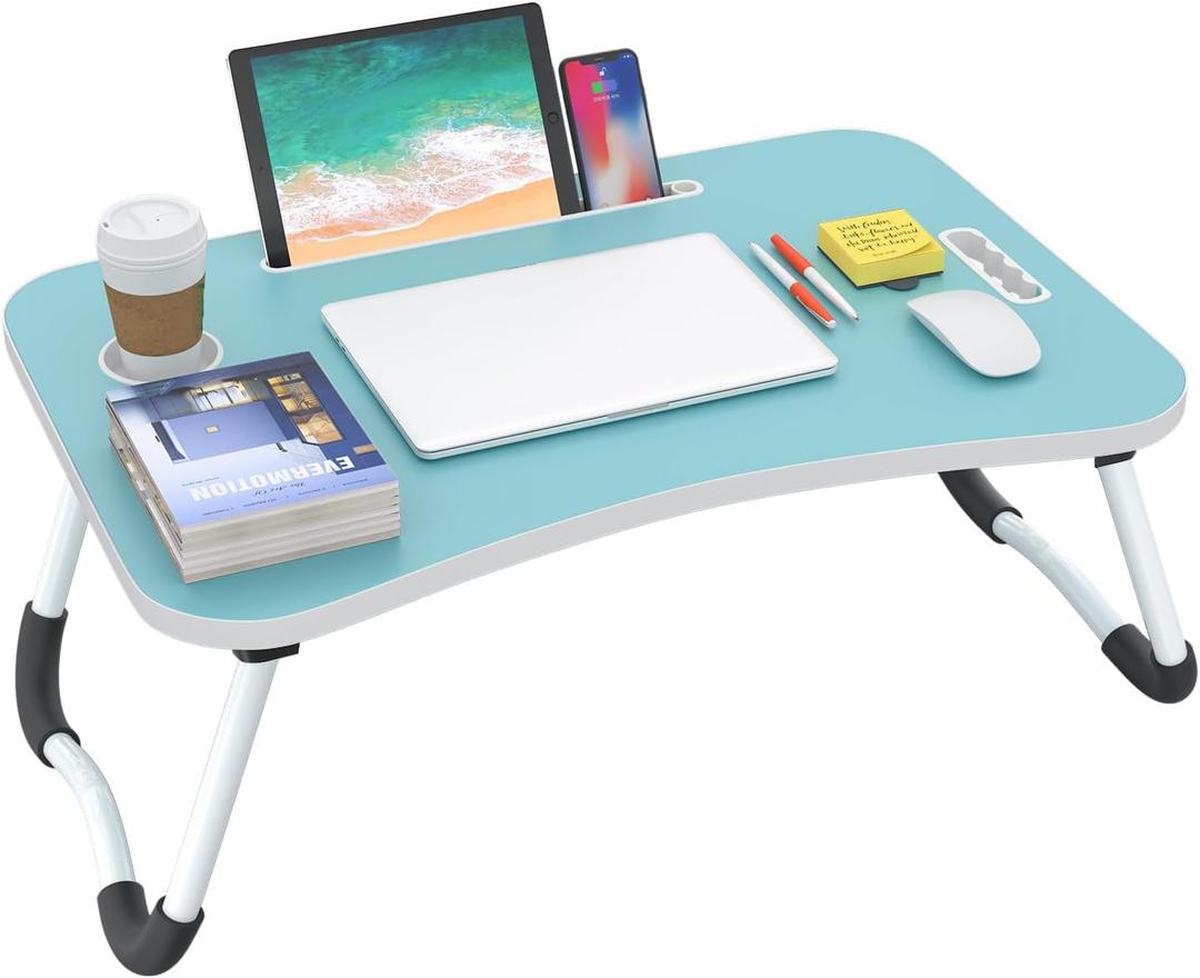 BUYIFY Folding Lap Desk, 23 Inch Portable Wood Blue Laptop Bed Desk Lap Desk with Cup Holder, for Working Reading Writing, Eating, Watching Movies for Bed Sofa Couch Floor- new005 Blue