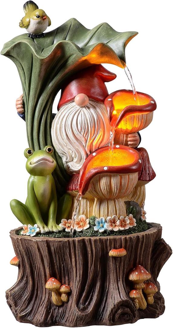Kalona Gnome Outdoor Waterfall Fountain with LED Lights, Resin Tree Stump Waterfall Fountain for Patio Balcony Yard, 21" Tall Garden Water Feature 25007