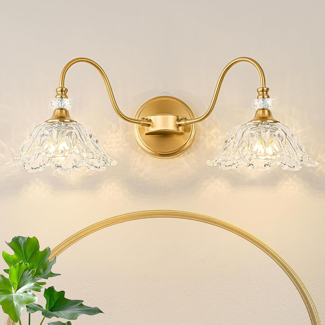 Gold Bathroom Vanity Light, 2-Light Brushed Gold Finish Vanity Light with Floral Clear Glass Shades, Retro Wall Mount Lighting for Bathroom, Dressing Table