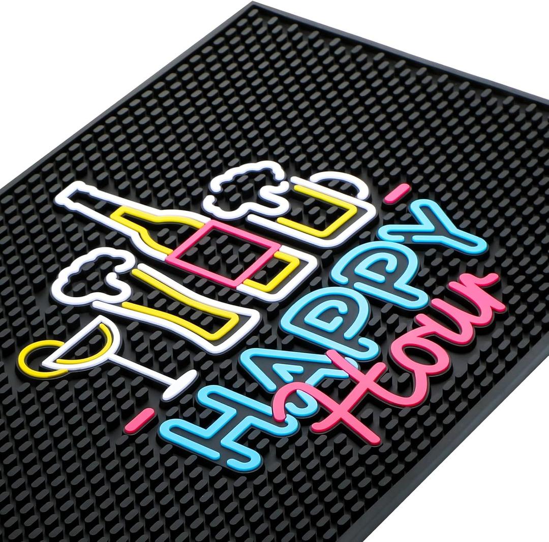 Preboun Bar Mat for Countertop with Fluorescent Pattern Thick Rubber Non Slip Black Bar Spill Mats for Coffee Kitchen Restaurants Entertaining Home Service(1 Pcs,17.72 x 11.81 Inch)