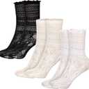 3Pairs Girly Scalloped Lettuce Ankle Sock, Ruffle Crew Socks Women, Lace Casual Cute Breathable Knit Lettuce Trim Frilly Socks ( No Size )