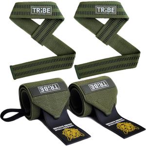 Tribe Lifting Heavy Duty Wrist Wraps & Lifting Straps for Weightlifting - Wrist Straps for Weightlifting Men with Silicone Grip & Padding - Gym Wrist Wraps and Lifting Straps (Green 21")