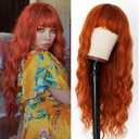 Ginger Wig with Bangs Orange Long Wavy Wigs for Women Ginger Curly Heat Resistant Synthetic 26 Inches Loose Wave Red Orange Wig for Daily Party Cosplay