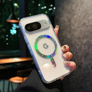 Compatible with Google Pixel 9/9 Pro Magnetic Case with Bling Sparkly Clear Back, Luxury Shockproof Protection and Slim Thin for Google Pixel 9/9 Pro Cute Case for Women Girls-Transparent A