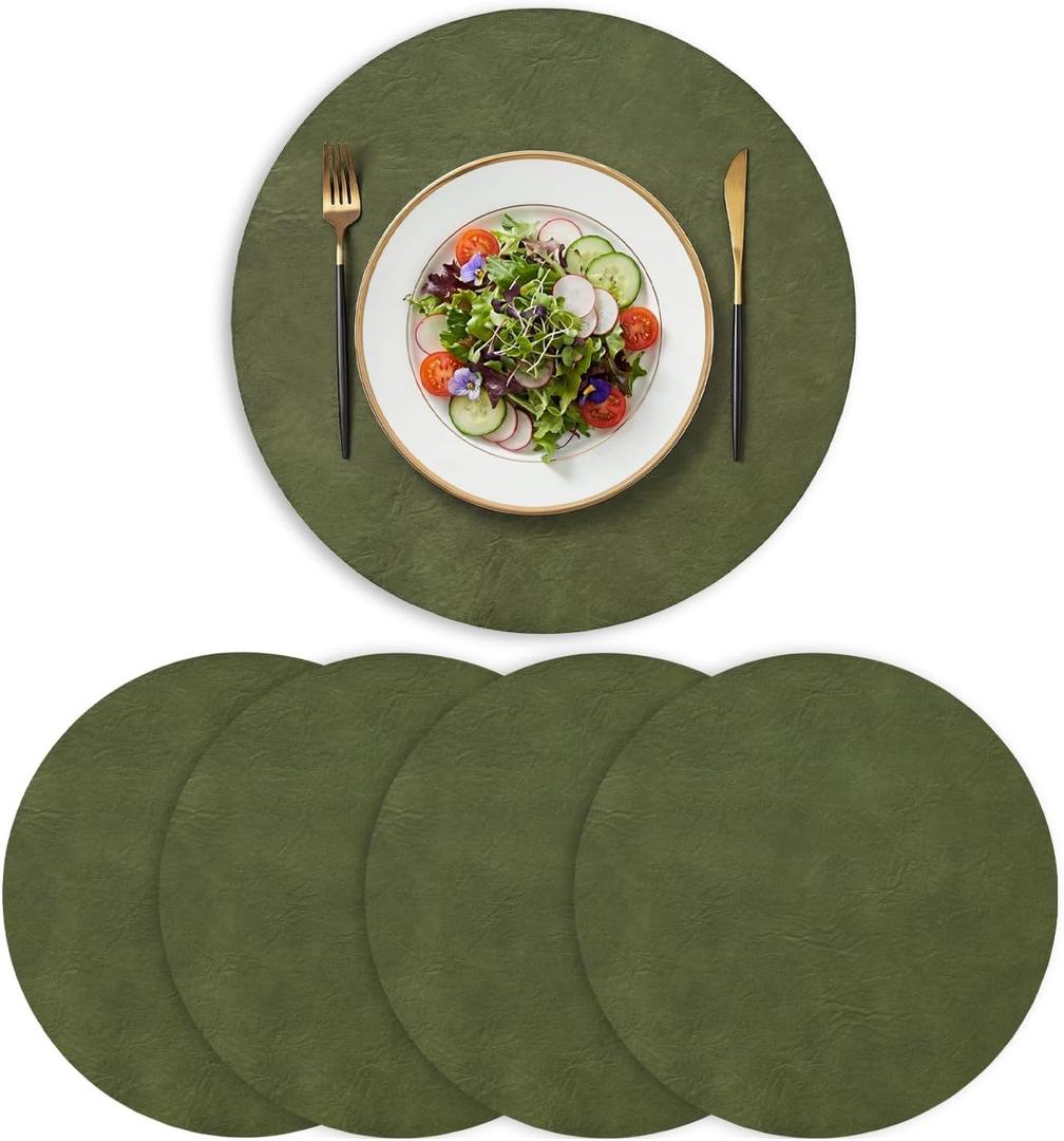 Artoid Mode Olive Green Faux Leather Placemats Set of 4, 15 Inch Waterproof Wipeable Heat Resistant Vinyl Place Mats, Reversible Table Mats for Kitchen Dining Decor