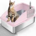 AIPERRO Stainless Steel Litter Box | XL Enclosed Cat Litter Box with Lid for Big Cats | High Sided, Anti-Urine Leakage | Non-Stick Bottom & Includes Litter Mat & Metal Scoop | Cute Pink