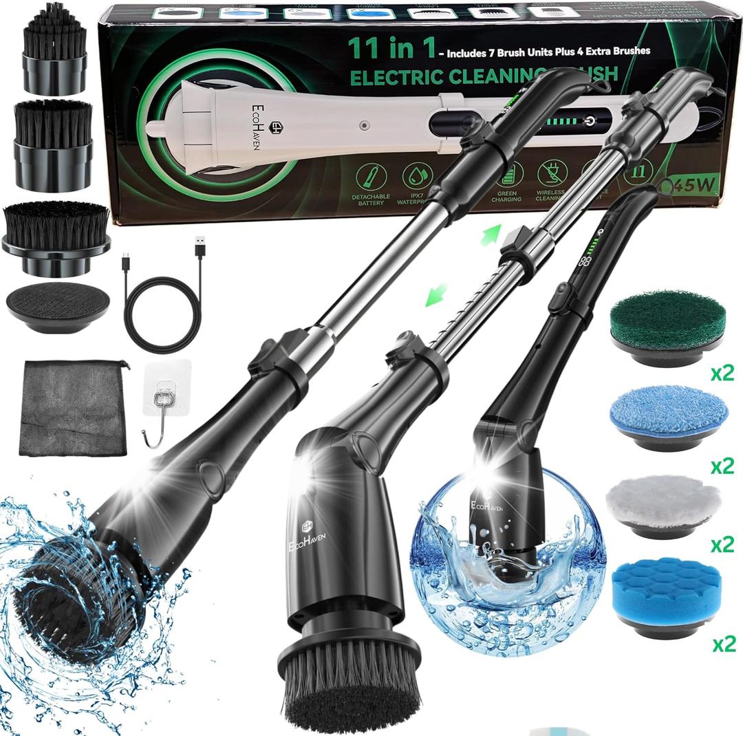 Electric Spin Scrubber for Bathroom  Cordless Shower Scrubber with 3 Adjustable Speeds, Long Handle, 11 Replaceable Brush Heads  Tile, Grout, Tub & Floor Cleaner