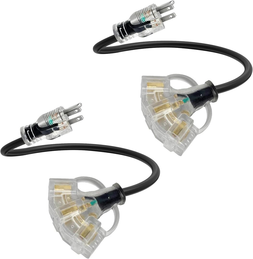 2FT 2 Pack 12 Gauge 3 Outlet Outdoor Extension Cord 12/3 Heavy Duty SJTW Power Cord 3 Way Waterproof Power Cable 3 Prong Grounded with Light 12AWG 15Amp 1875W ETL Listed