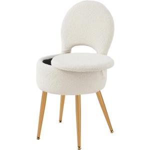 Small Vanity Stool Chair with Storage and Folding Back,4 Metal Legs with Anti-Slip Feet,Round Ottoman with Velvet Seat, Furry Padded Seat for Makeup, Bedroom (Black, Standard) (15.7"D x 15.7"W x 19.5"H, White)