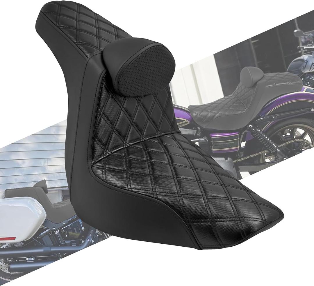 Motorcycles Driver Passenger Seat Cushion Pad One-Piece Seat Leather Pillion with Driver Backrest Fit for Harley Low Rider FXLR FXLRS Sport Glide FLSB 2018-Up (Black Stitching)
