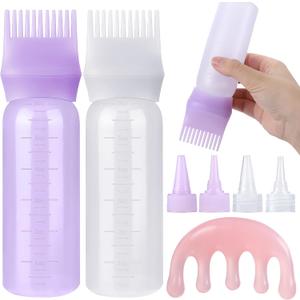 Pimoys Hair Oil Applicator Bottle for Scalp, Root Comb Applicator Bottles Hair Dye Squeeze Bottle Coloring Tools2 Pack (Purple, White) with 4 Pointed Mouth Cover and Massage Comb