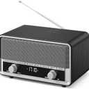 Vintage Wood AM FM Bluetooth Radio with Clock, Digital Clock Radio for Bedroom with LCD Display | 40 Presets | Sleep Timer | No Alarm, Retro Bluetooth Speaker for Office, Kitchen (Black)