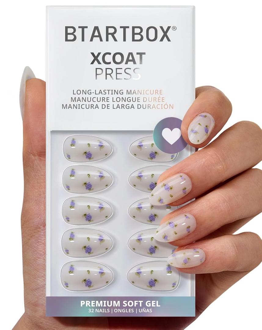 BTArtbox Press On Nails Short - Pathside Lilac, Lamp-Curable 4-Week Wear Flower White Almond Press On Nails with Glue and Adhesive Tabs, Easy-to-Apply in 16 Sizes - 32 Nails All-in-One Kit