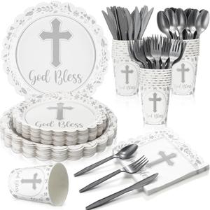 Zhehao 25 Sets Baptism Plates Napkins Party Supply First Communion Decorations God Bless Disposable Cups Cutlery for Newborn Baby Shower Christening Church (White)