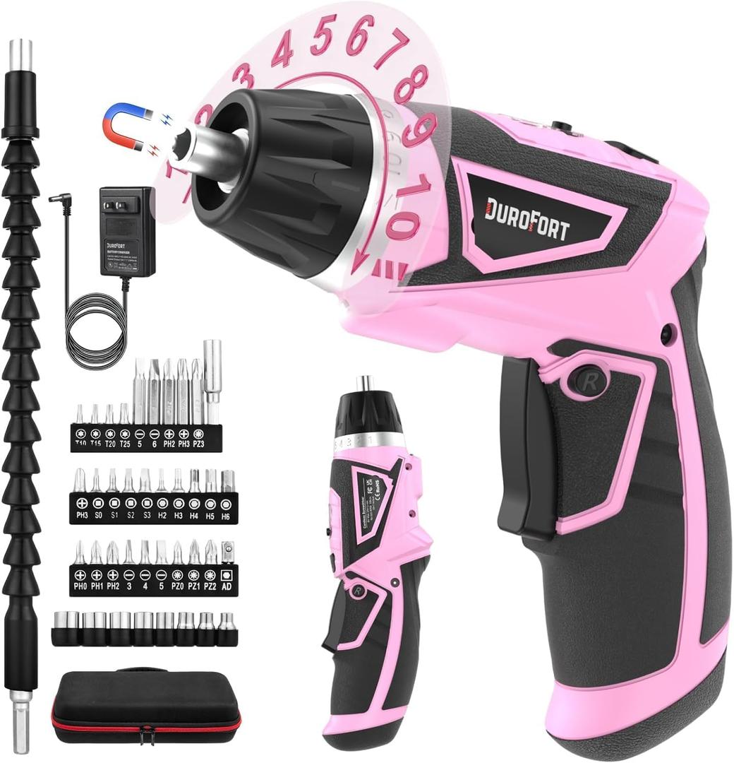 Cordless Electric Screwdriver Set, 8V 10Nm Rechargeable Power Electric Drill, Battery Screw Gun with Driver Bit, 320RPM/10+1 Torque, 2 Position Handle, Flexible Shaft LED Light (Pink, 39Pcs)
