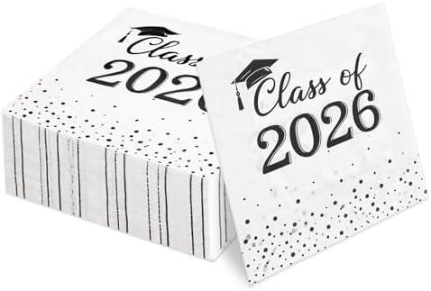 Graduation Decorations 100 PCS Class of 2026 Graduation Napkins Disposable Fancy Cute Black White Polka Dot Cocktail Napkin Congrats Grad Tea Party Favors Supplies Plates Table Decor Dessert Cookies