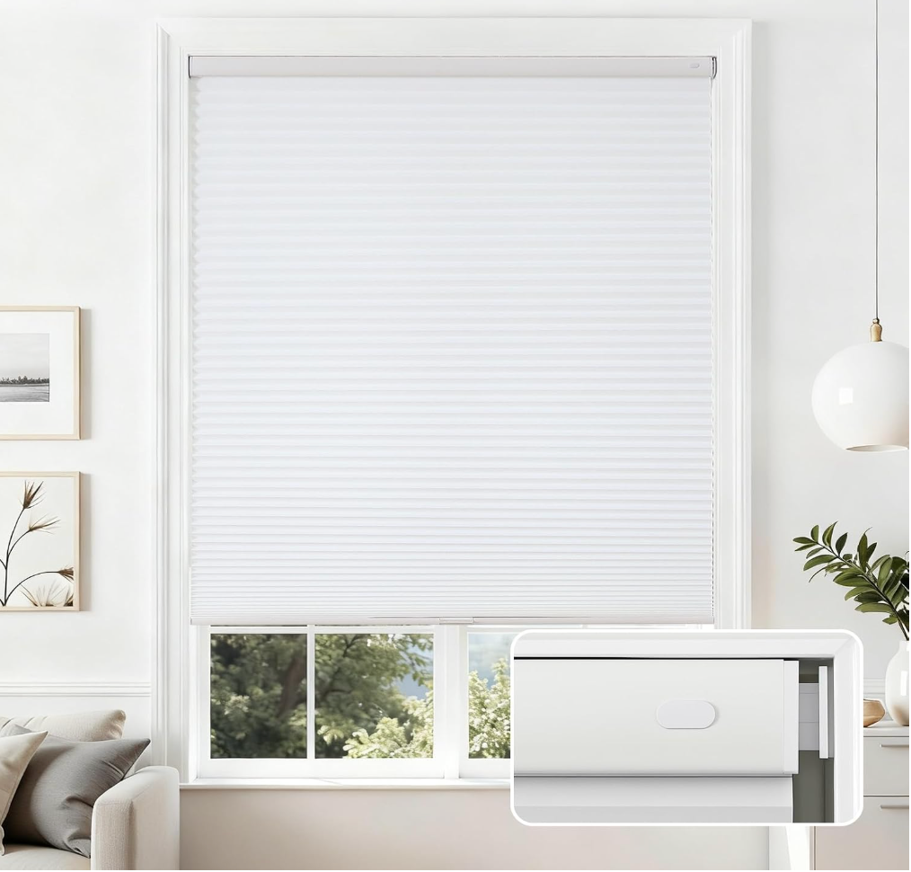 Joydeco No Drill Light Filtering Cellular Shades, 29" W x 64" H, White