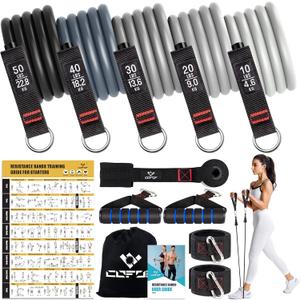 Resistance Bands with Handles for Women, 5 Level Exercise Bands Workout Bands for Physical Therapy, Yoga, Pilates, Door Anchor, Storage Pouch (10-150 LBS Grey)