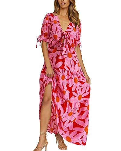 BTFBM 2025 Womens Summer Boho Dress Tie Front Deep V Neck Cutout Short Sleeve Casual Party Floral Beach Maxi Dresses(Big Floral Red, Small)