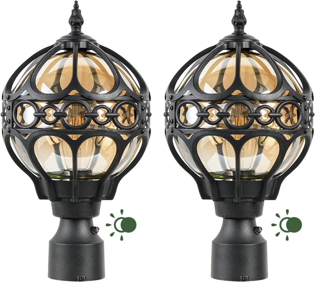 Dusk to Dawn Soccer Ball Outdoor Post Light for Lawn Porch Yard Driveway, Black Outside Globe Lamp Post Light, 3" Pier Mount Sphere Lantern Lighting, Exterior Pole Post Light(2 Pack)