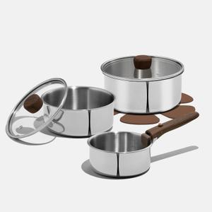 CAROTE Tri-Ply Stainless Steel Sauce Pan with Detachable Handle,1.5QT Sauce Pan,2QT & 3QT Saucepan with Lid, 8PCS Non-Toxic Induction Kitchen Stainless Steel Pot, Removable Handle, Oven Safe, Woodgrain