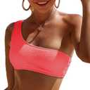 YIMISAN Women's One Shoulder Bikini Swimsuit Ribbed Padded Bathing Suit Bandeau Top with Matching Bottom (Large, White)